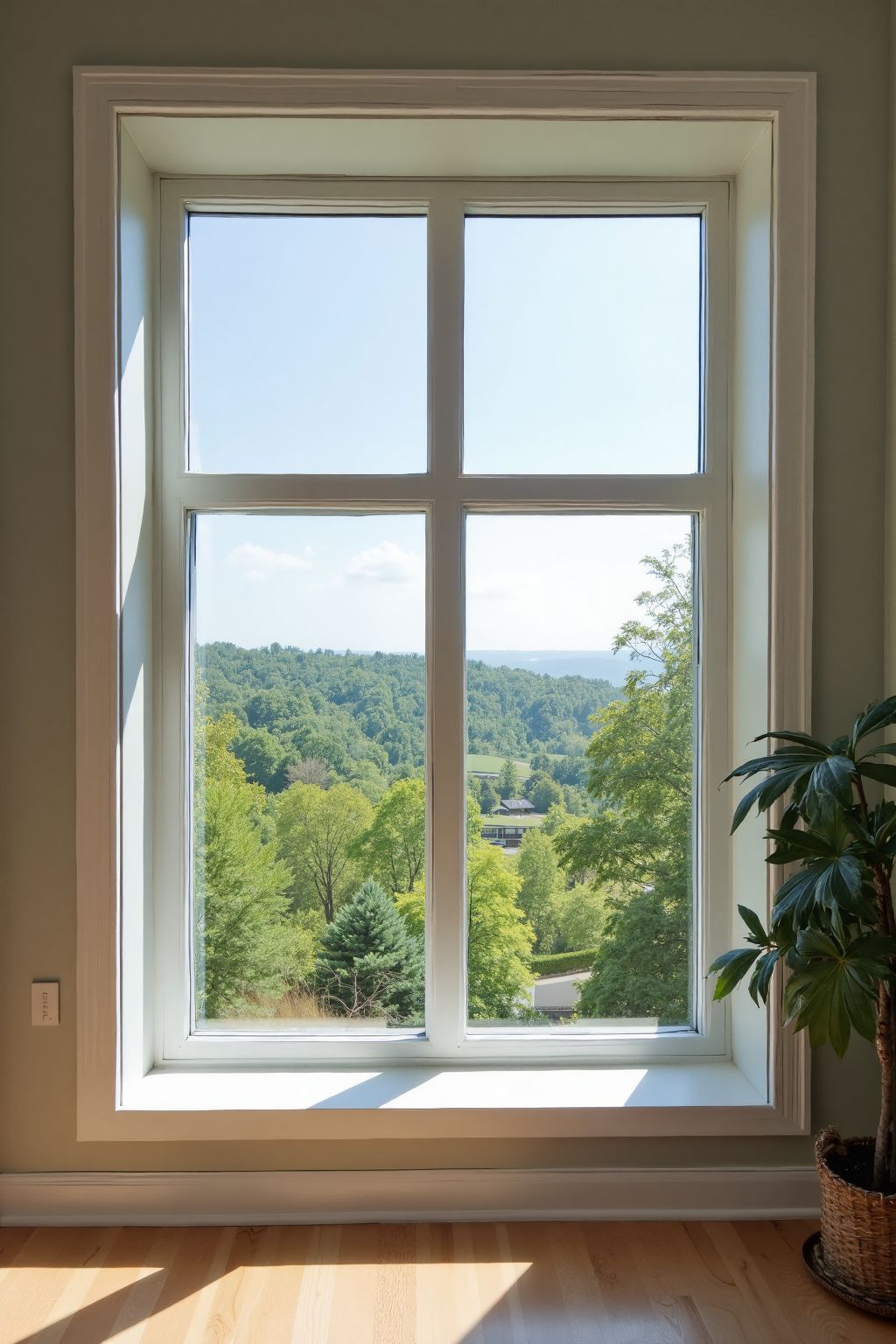 Large fixed picture window with slim frame overlooking a wooded Texas landscape