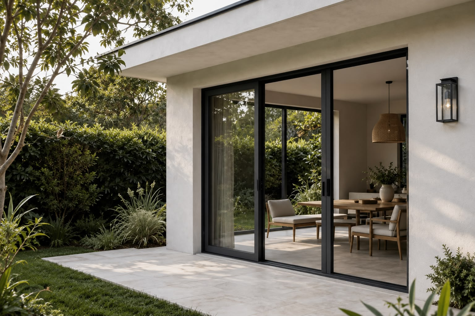 Black-framed sliding patio door on a modern Dallas–Fort Worth home exterior