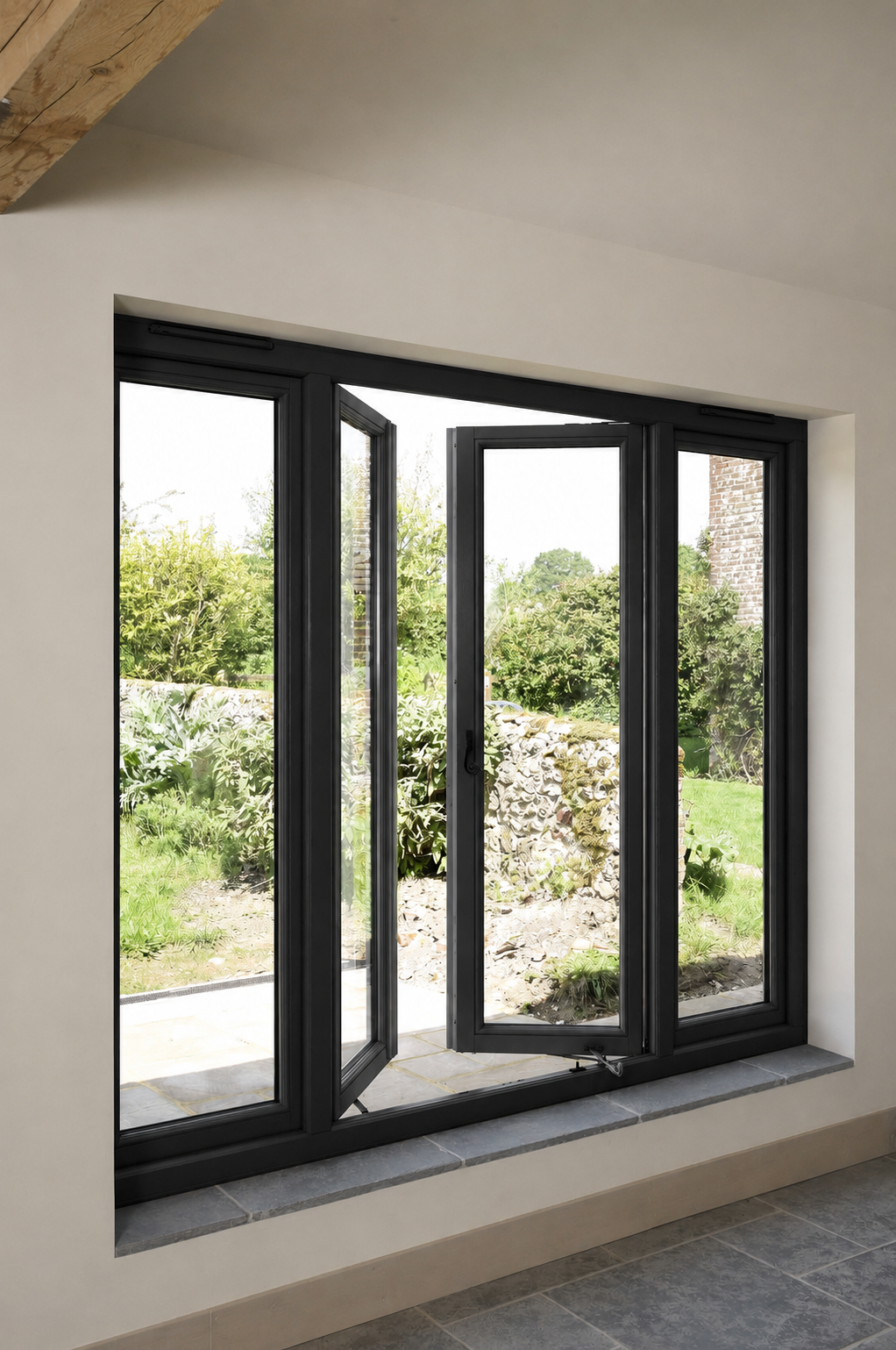 Casement replacement window with black exterior frame opening onto a DFW backyard
