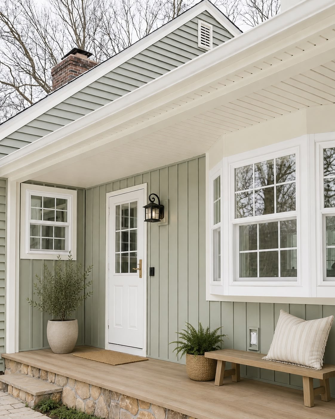 Sage green Midlothian, Texas cottage with white double hung and bay replacement windows