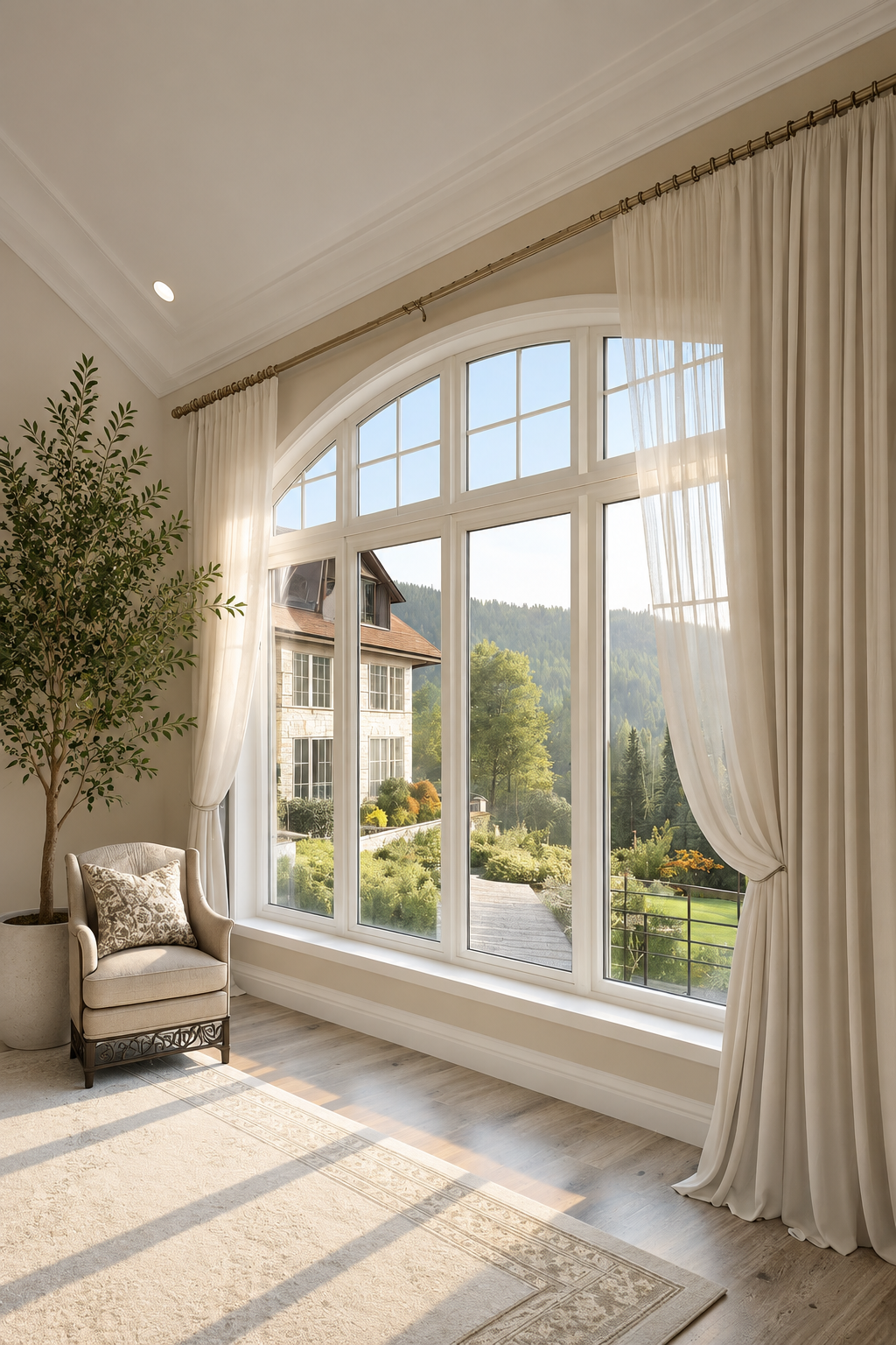 Custom-shaped specialty replacement window with distinctive architectural geometry in a Dallas–Fort Worth home