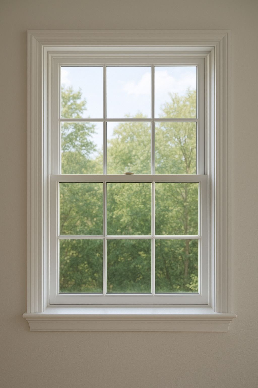 Interior view of a single hung replacement window with 6-over-6 grid in a Dallas–Fort Worth home