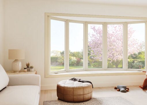 Bay replacement window with cushioned window seat inside a Texas home