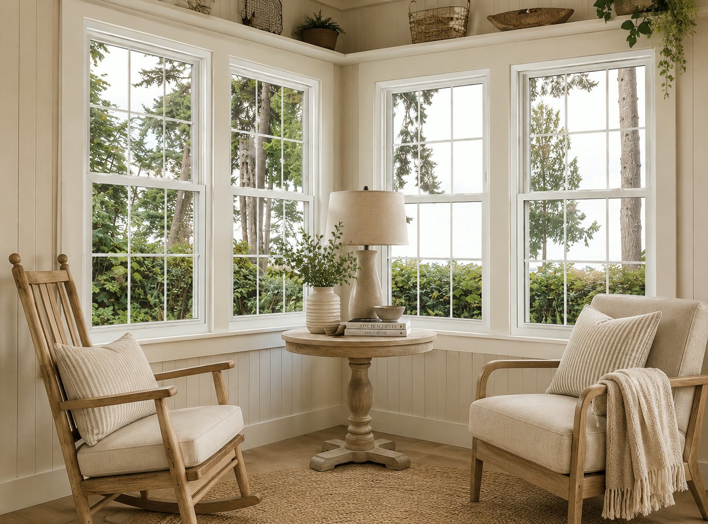 Sunlit Dallas–Fort Worth living room with tall energy efficient replacement windows framing the landscape