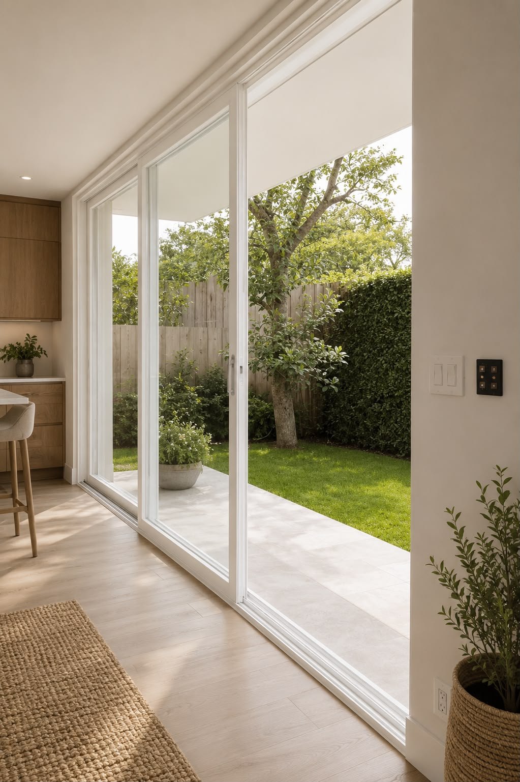 Modern white sliding glass patio door leading to a backyard