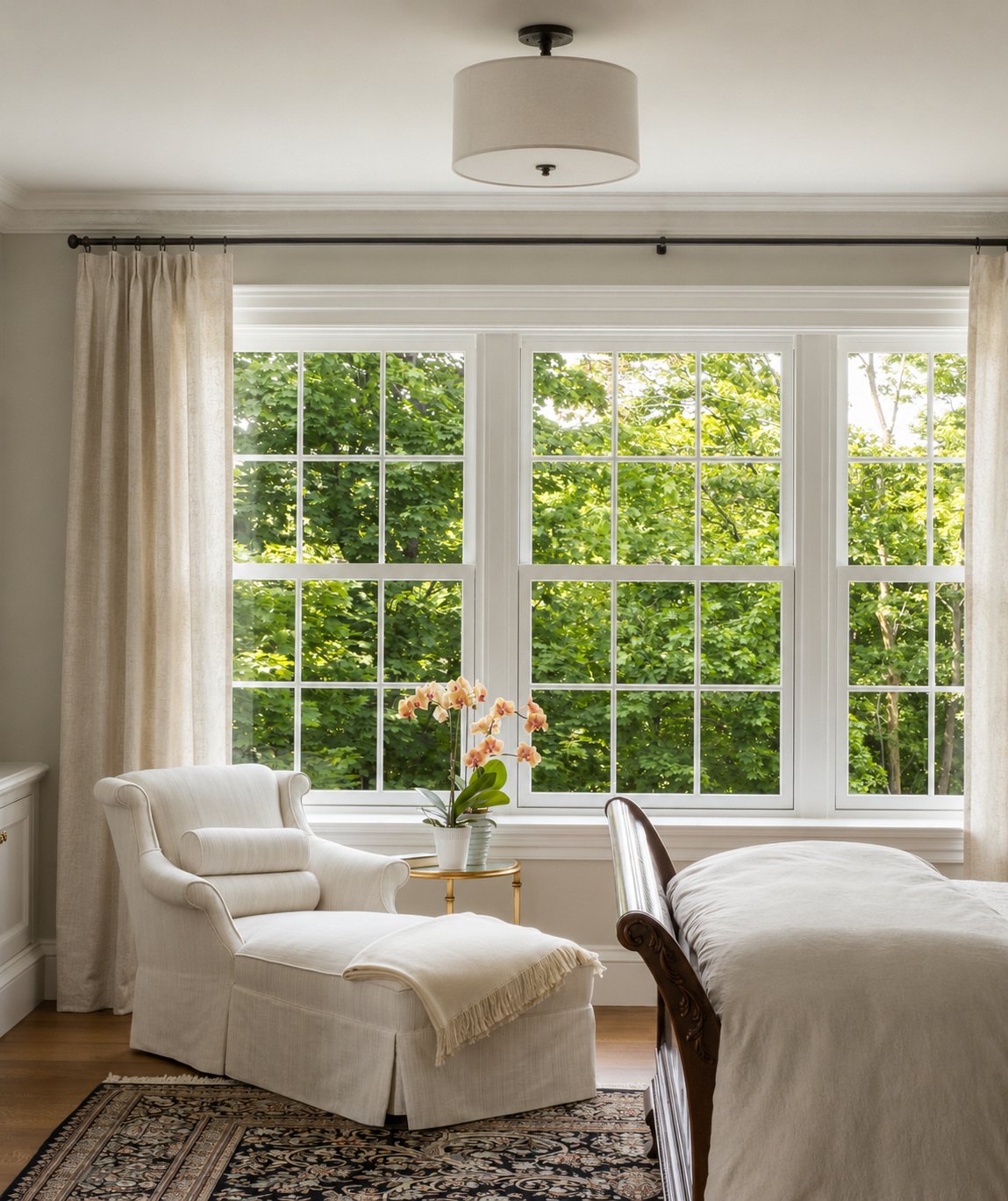 Classic double hung replacement window with white frame and traditional grid pattern