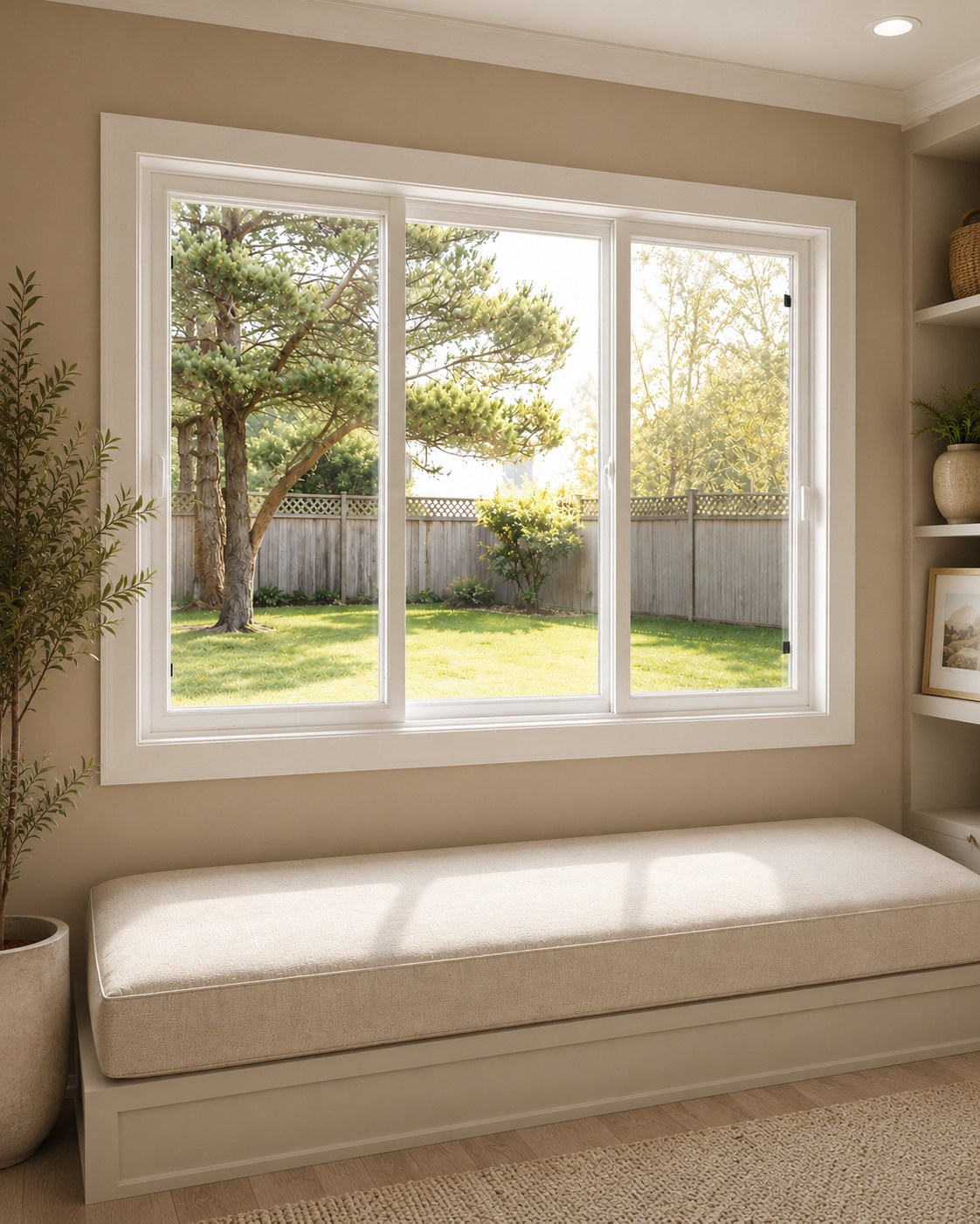 Horizontal slider vinyl replacement window with expansive glass in a modern DFW home